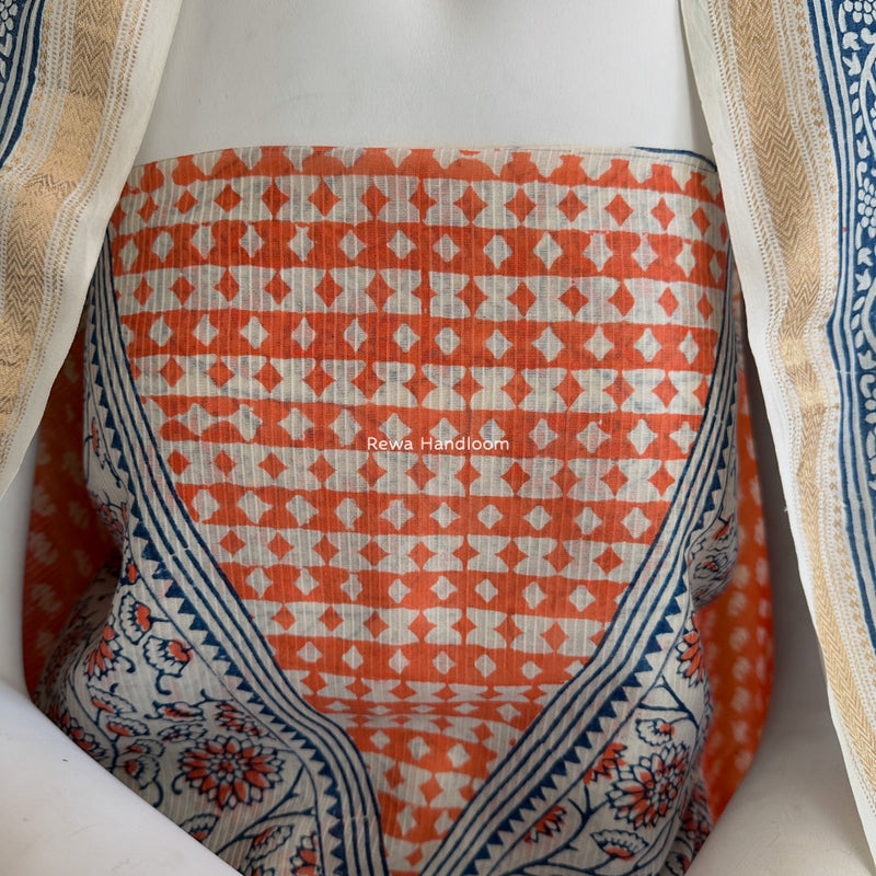 Maheshwari Orange-White Bagh Indigo Print Suit MBIS16