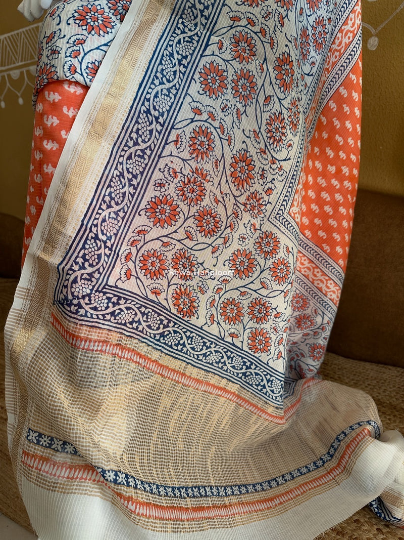 Maheshwari Orange-White Bagh Indigo Print Suit MBIS16