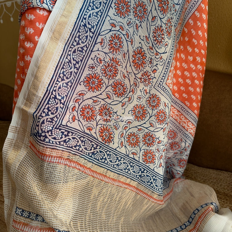 Maheshwari Orange-White Bagh Indigo Print Suit MBIS16