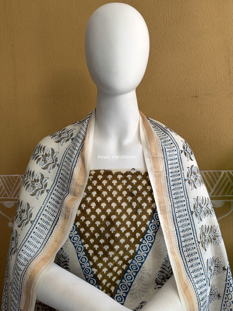 Maheshwari White-Mehendi Green Bagh Indigo Print Suit MBIS14