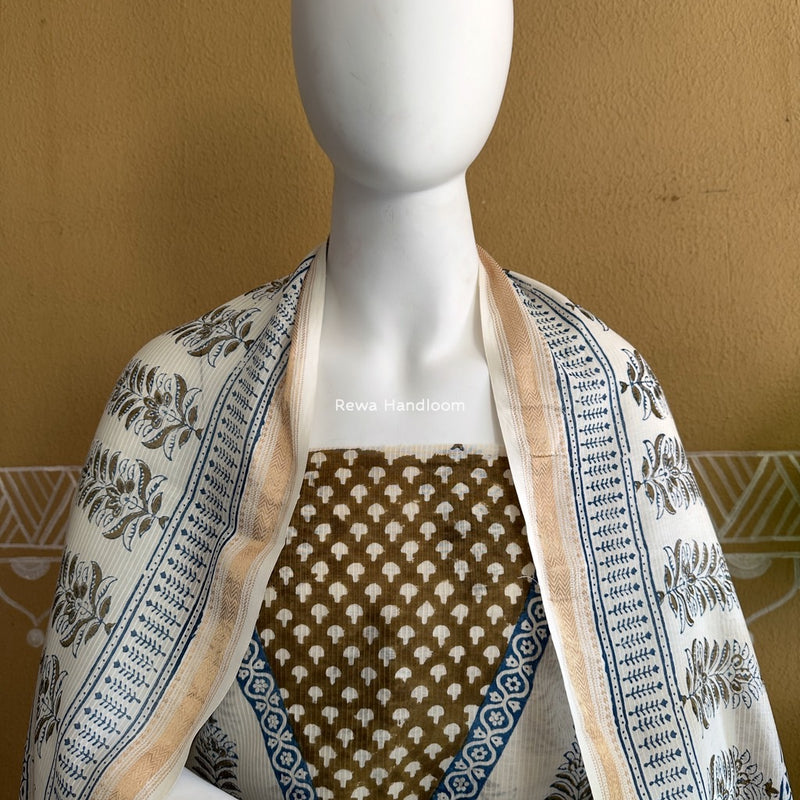 Maheshwari White-Mehendi Green Bagh Indigo Print Suit MBIS14