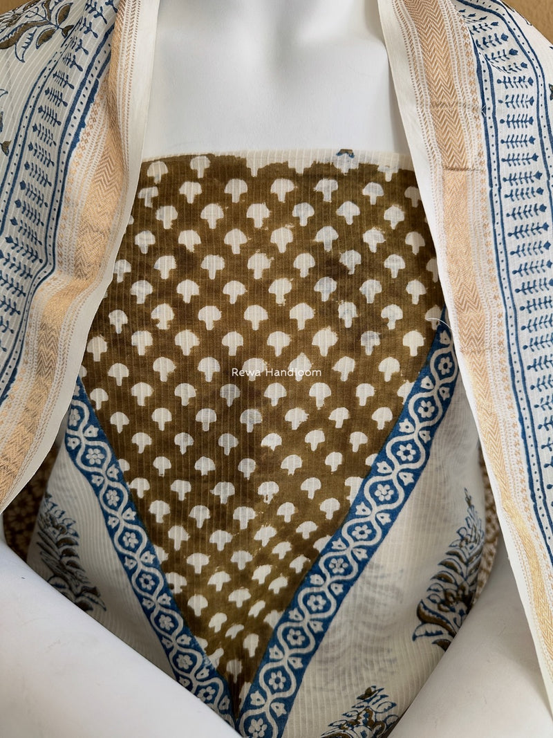 Maheshwari White-Mehendi Green Bagh Indigo Print Suit MBIS14