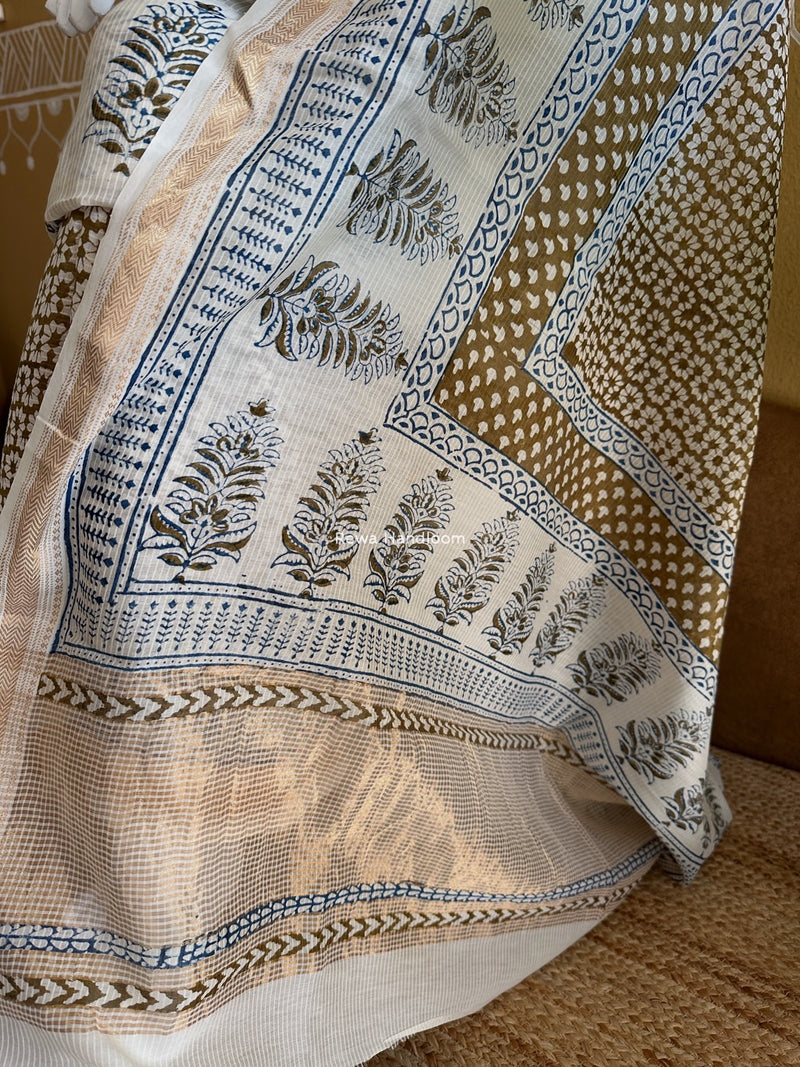 Maheshwari White-Mehendi Green Bagh Indigo Print Suit MBIS14