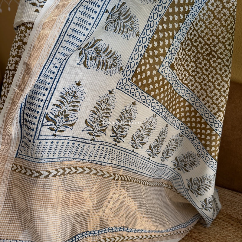 Maheshwari White-Mehendi Green Bagh Indigo Print Suit MBIS14