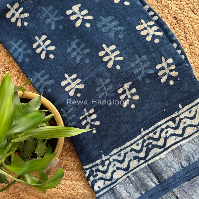 Blue Cotton Linen Saree LS014
