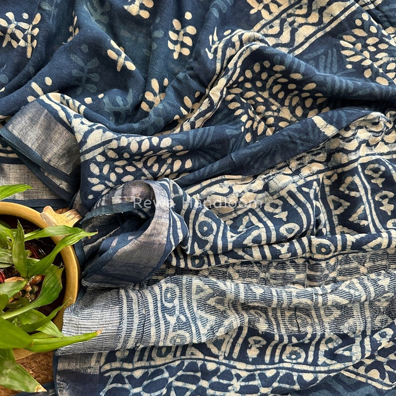 Blue Cotton Linen Saree LS014