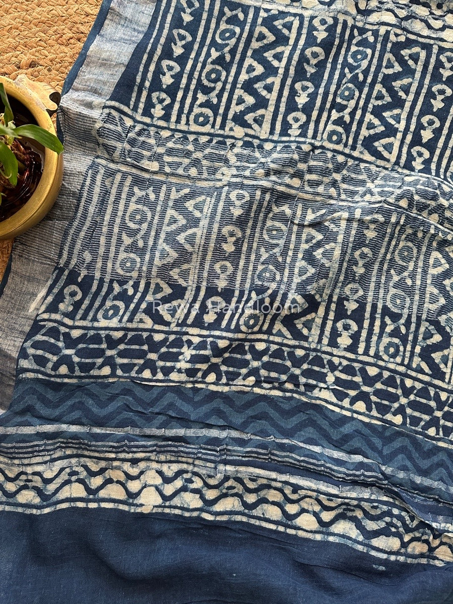 Blue Cotton Linen Saree LS014