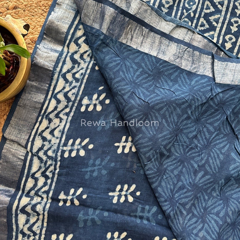 Blue Cotton Linen Saree LS014