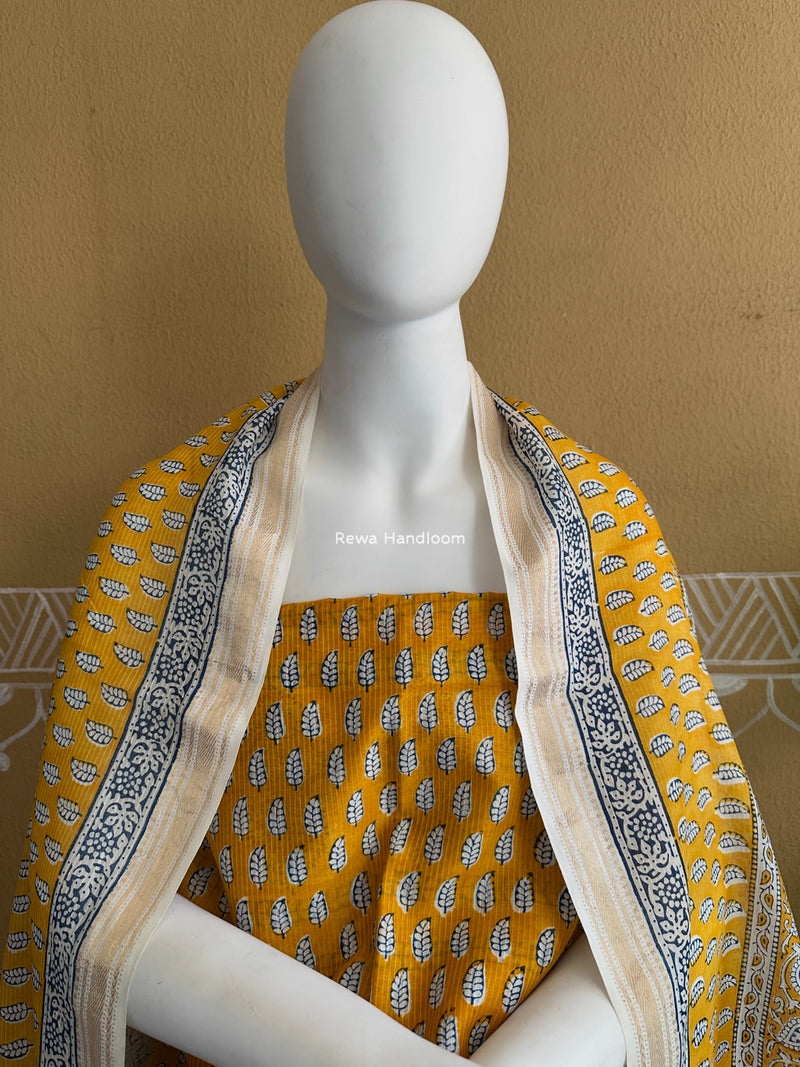 Maheshwari Yellow-Blue Bagh Indigo Print Suit MBIS17