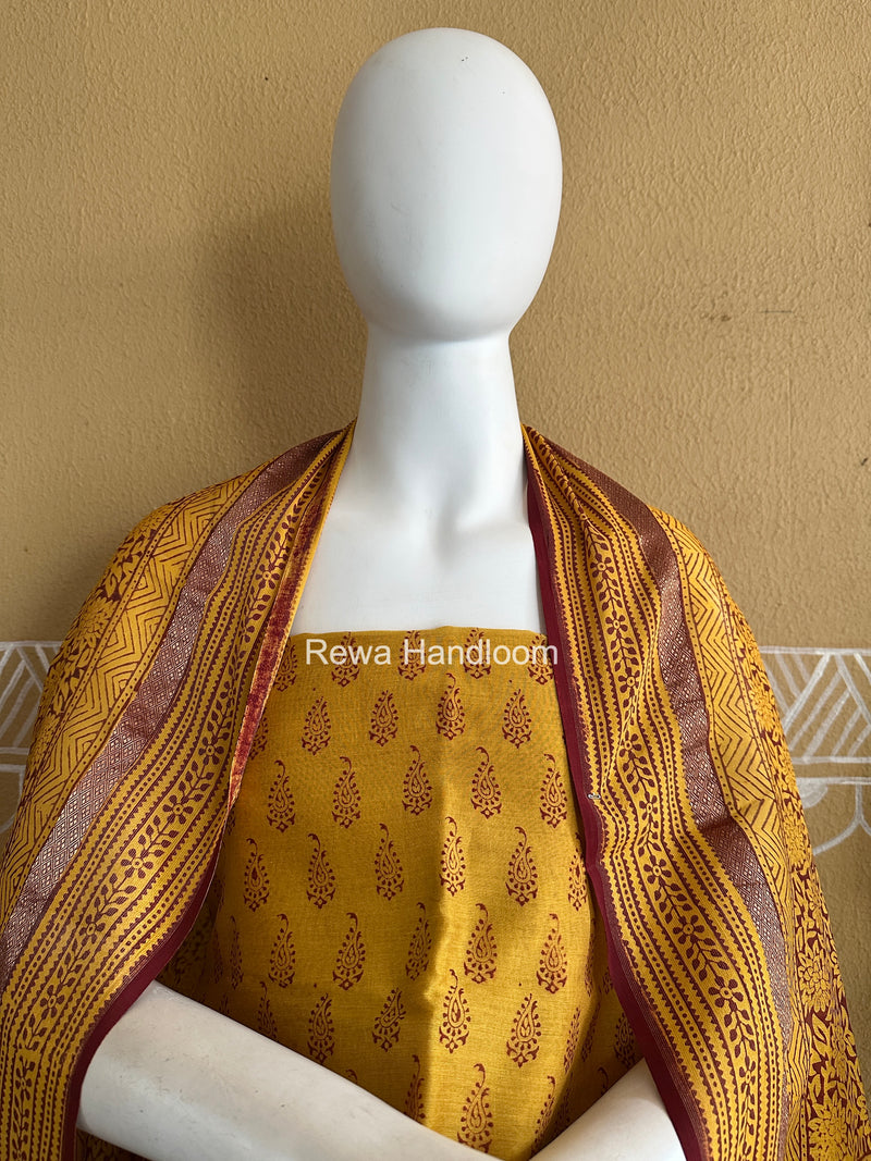 Maheshwari Yellow-Maroon Bagh Print Suit BSP0238