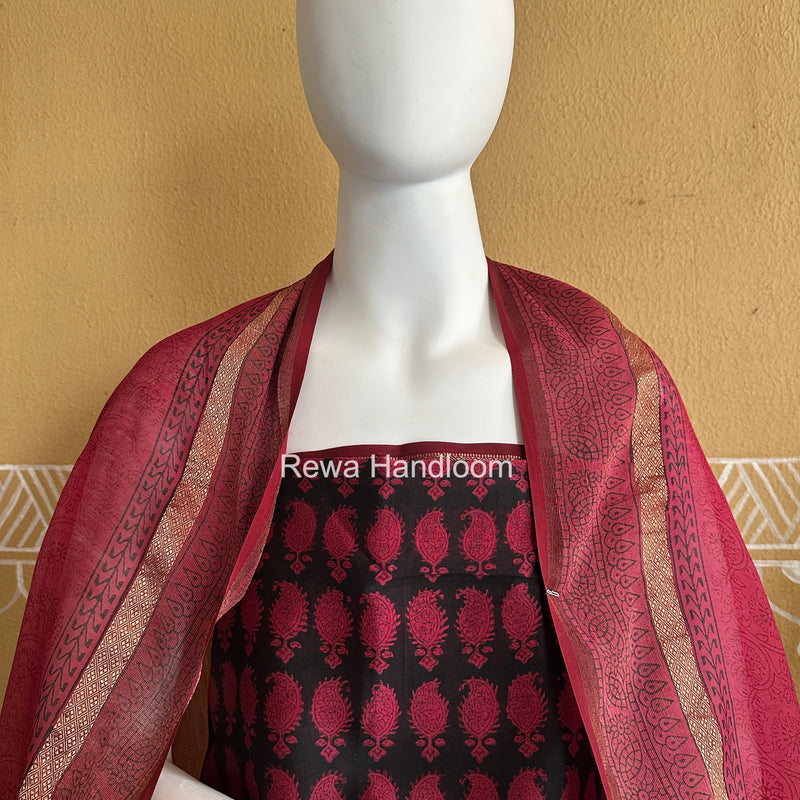 Maheshwari Black-Rani Pink Bagh Print Suit BSP0237