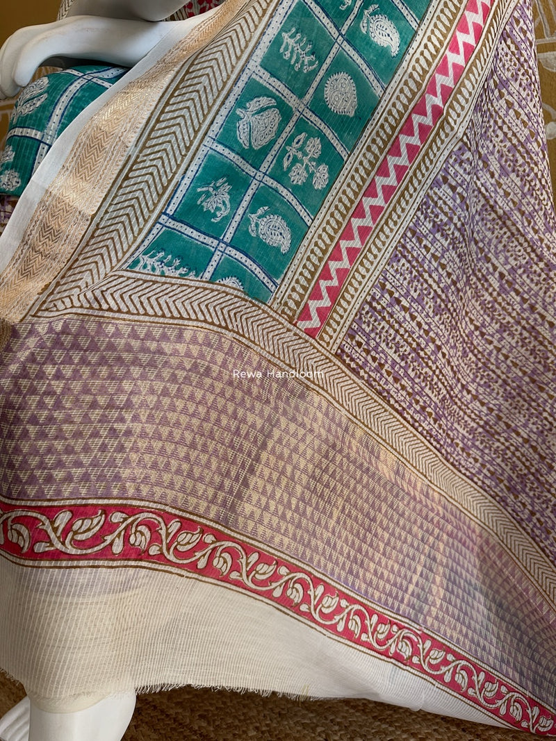 Maheshwari Aqua Green-Lavende Bagh Indigo Print Suit MBIS19