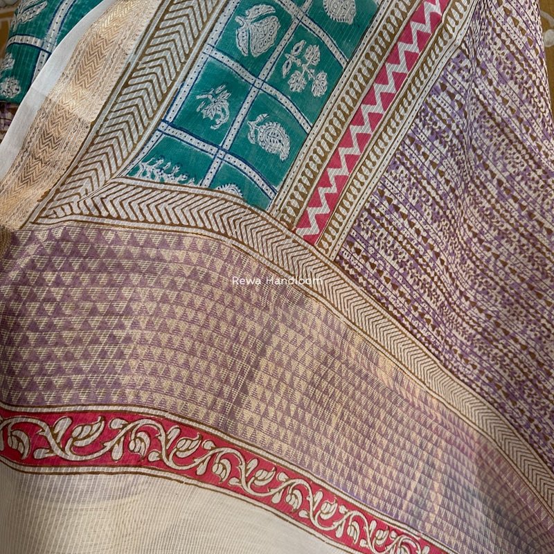 Maheshwari Aqua Green-Lavende Bagh Indigo Print Suit MBIS19