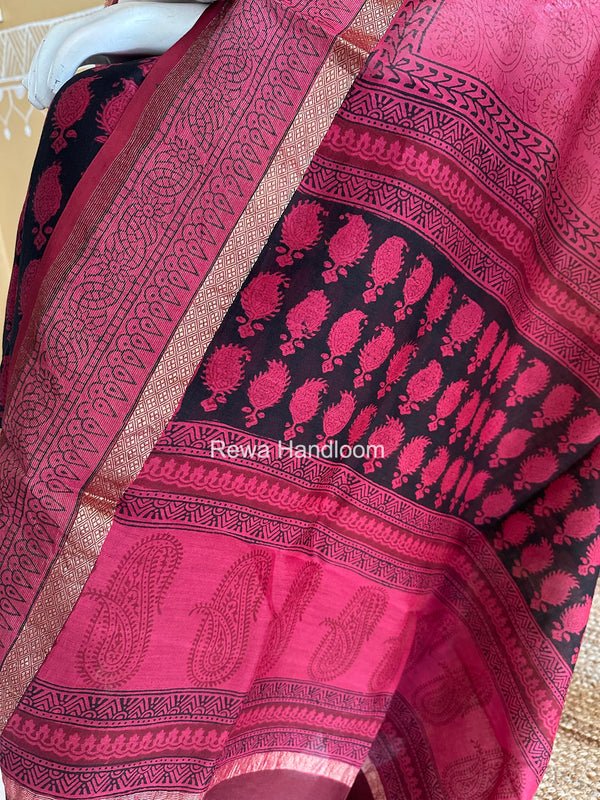 Maheshwari Black-Rani Pink Bagh Print Suit BSP0237