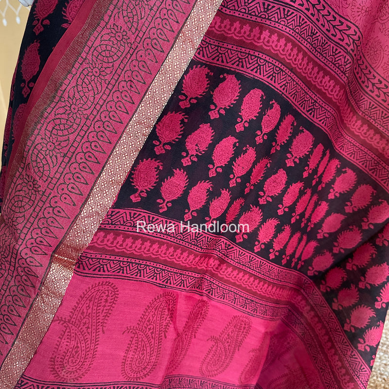 Maheshwari Black-Rani Pink Bagh Print Suit BSP0237