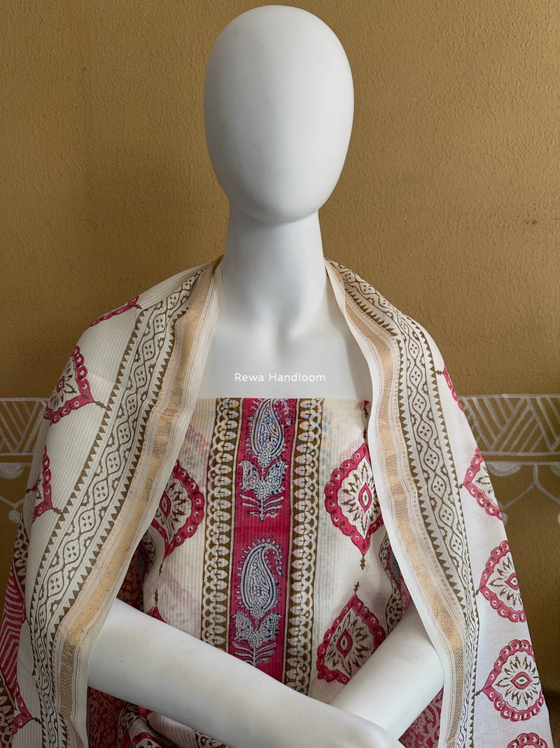 Maheshwari White-Pink Bagh Indigo Print Suit MBIS20