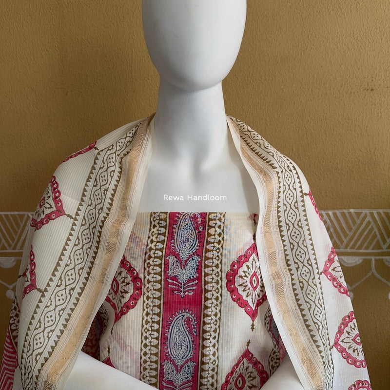 Maheshwari White-Pink Bagh Indigo Print Suit MBIS20