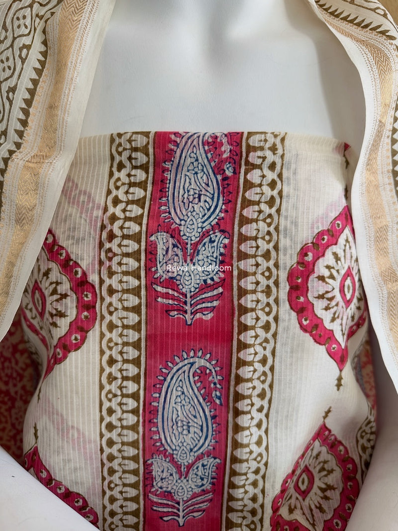 Maheshwari White-Pink Bagh Indigo Print Suit MBIS20
