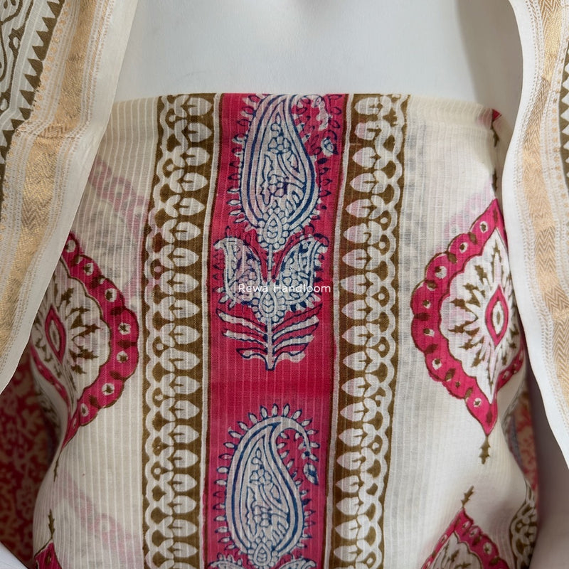 Maheshwari White-Pink Bagh Indigo Print Suit MBIS20