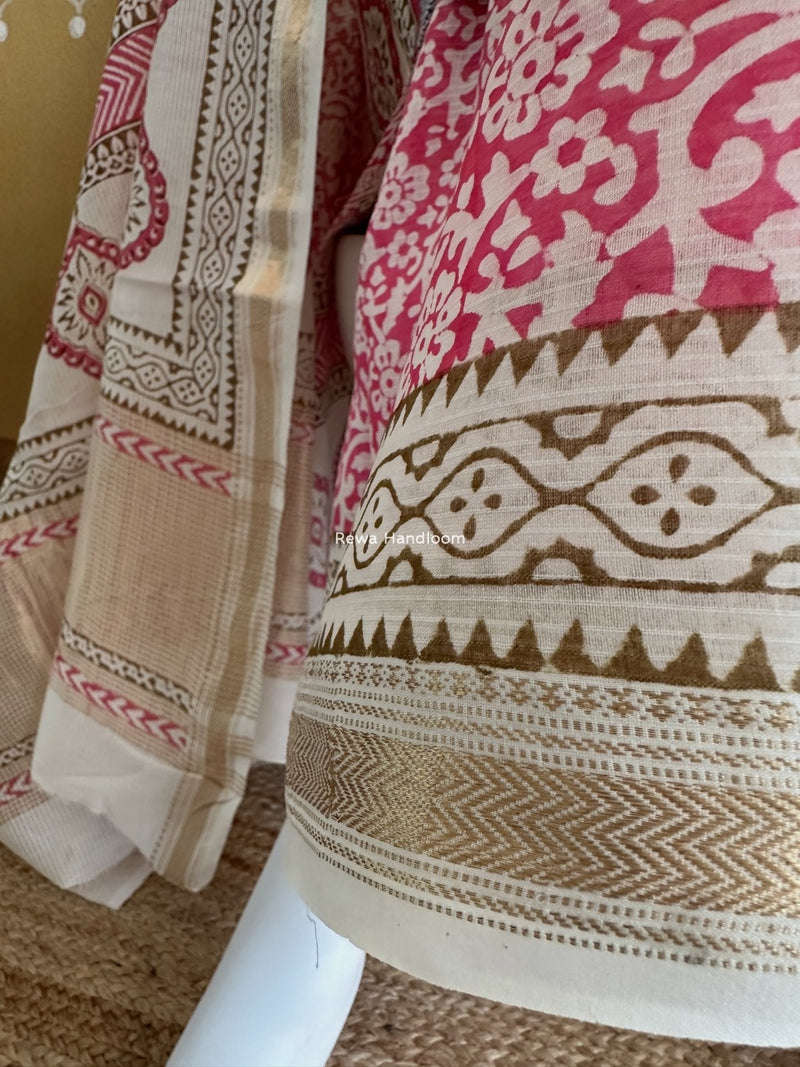 Maheshwari White-Pink Bagh Indigo Print Suit MBIS20