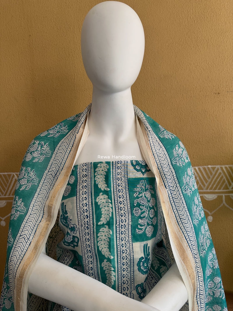 Maheshwari Aqua Green-Blue Bagh Indigo Print Suit MBIS21
