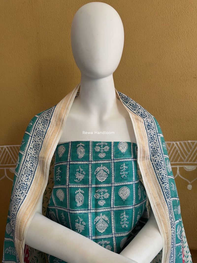 Maheshwari Aqua Green-White Bagh Indigo Print Suit MBIS24