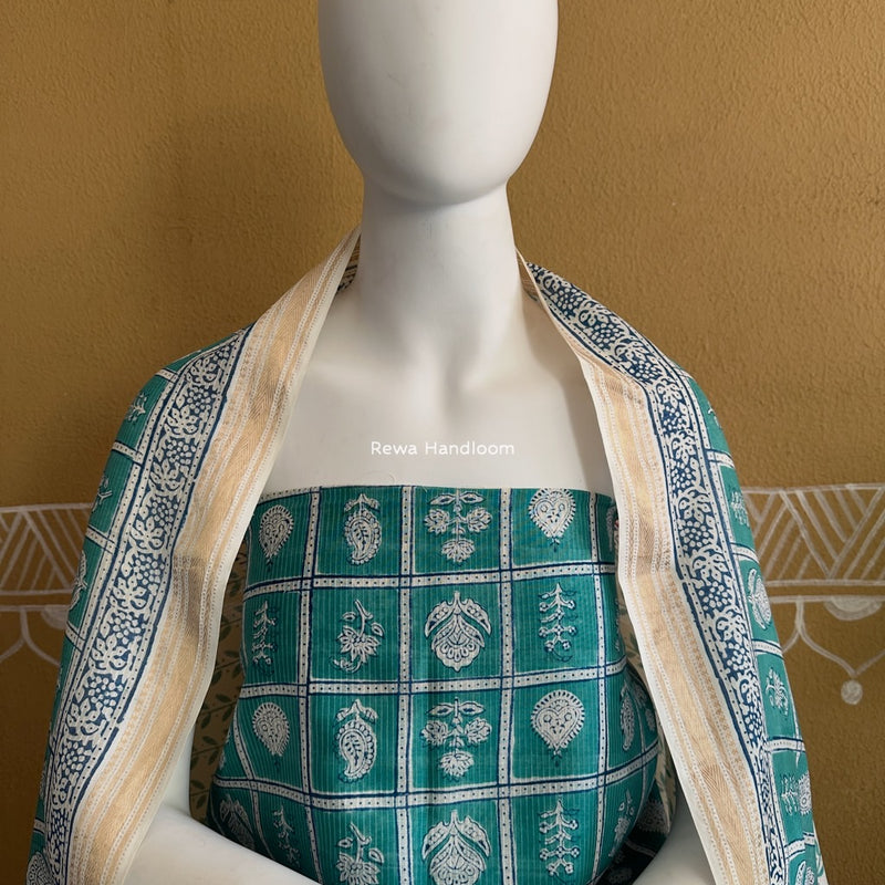 Maheshwari Aqua Green-White Bagh Indigo Print Suit MBIS24