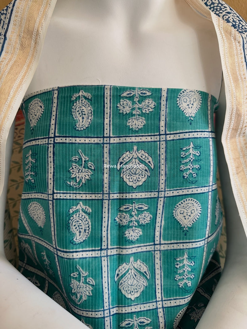 Maheshwari Aqua Green-White Bagh Indigo Print Suit MBIS24