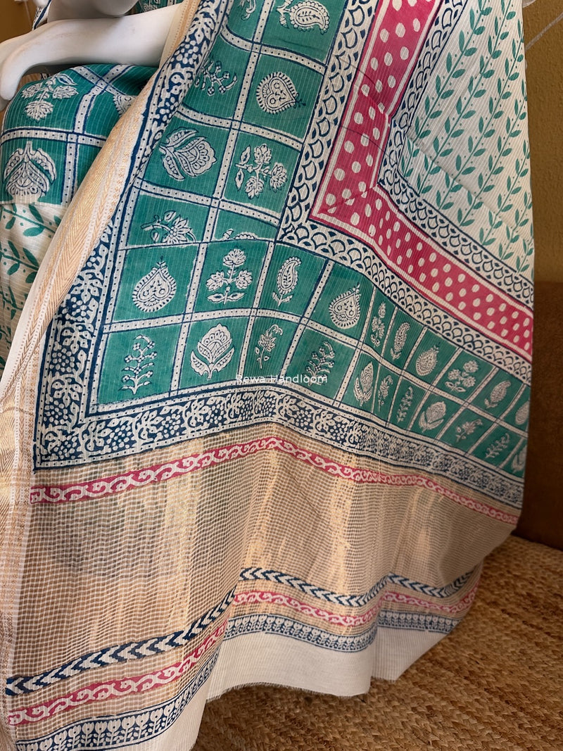 Maheshwari Aqua Green-White Bagh Indigo Print Suit MBIS24