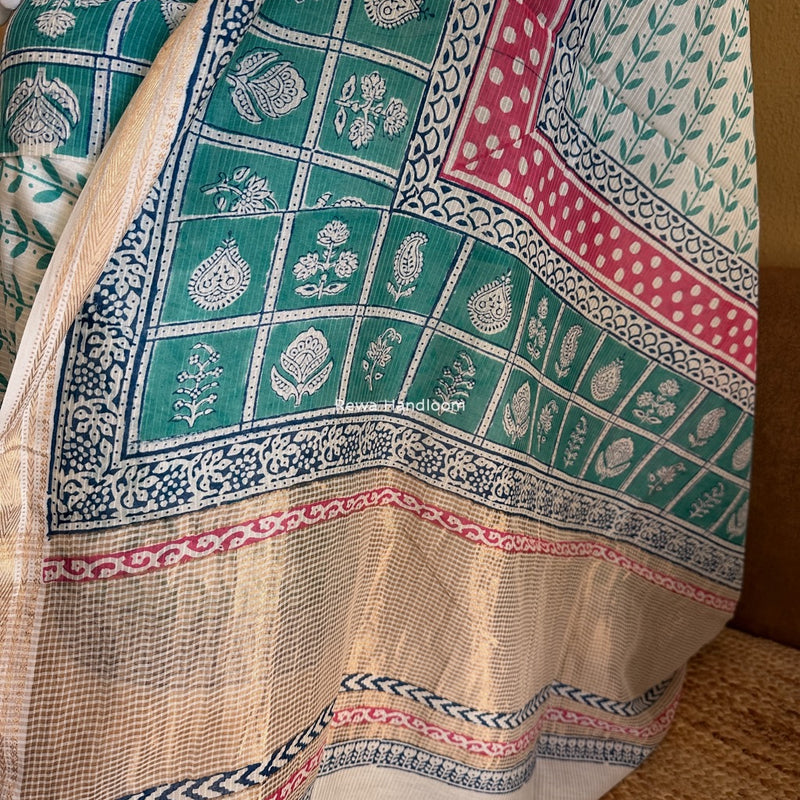 Maheshwari Aqua Green-White Bagh Indigo Print Suit MBIS24