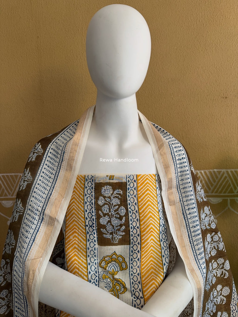 Maheshwari Yellow-Brown Bagh Indigo Print Suit MBIS22