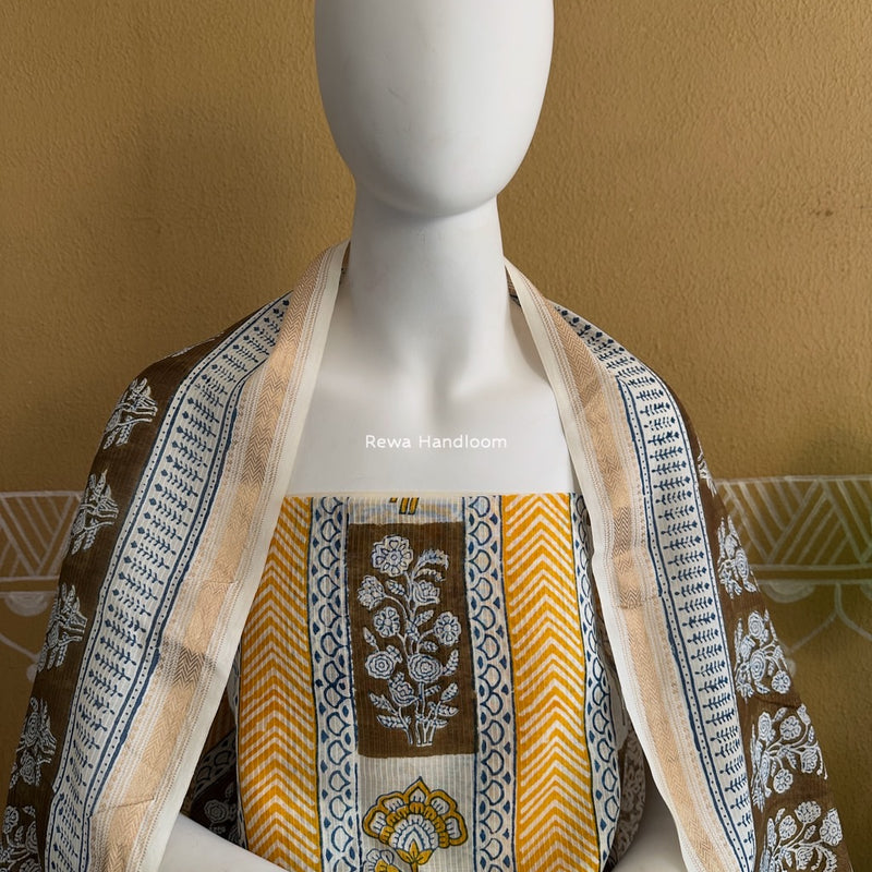 Maheshwari Yellow-Brown Bagh Indigo Print Suit MBIS22