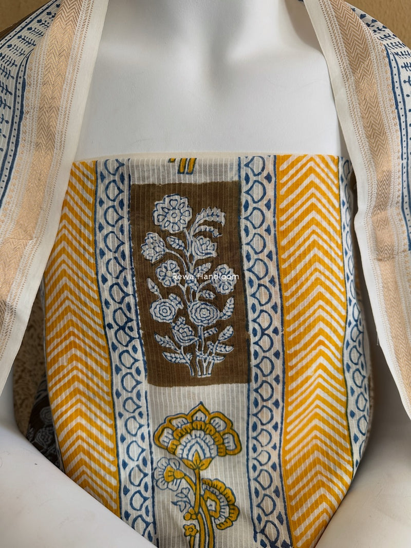 Maheshwari Yellow-Brown Bagh Indigo Print Suit MBIS22