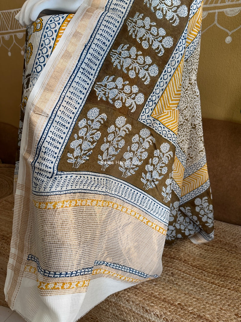 Maheshwari Yellow-Brown Bagh Indigo Print Suit MBIS22