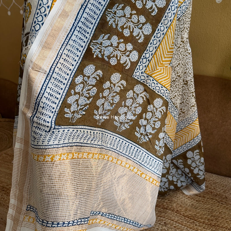 Maheshwari Yellow-Brown Bagh Indigo Print Suit MBIS22
