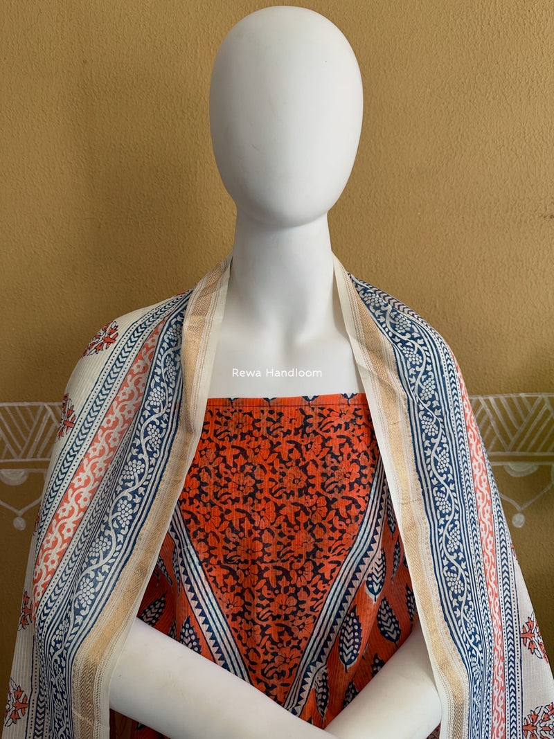 Maheshwari Orange-White Bagh Indigo Print Suit MBIS23