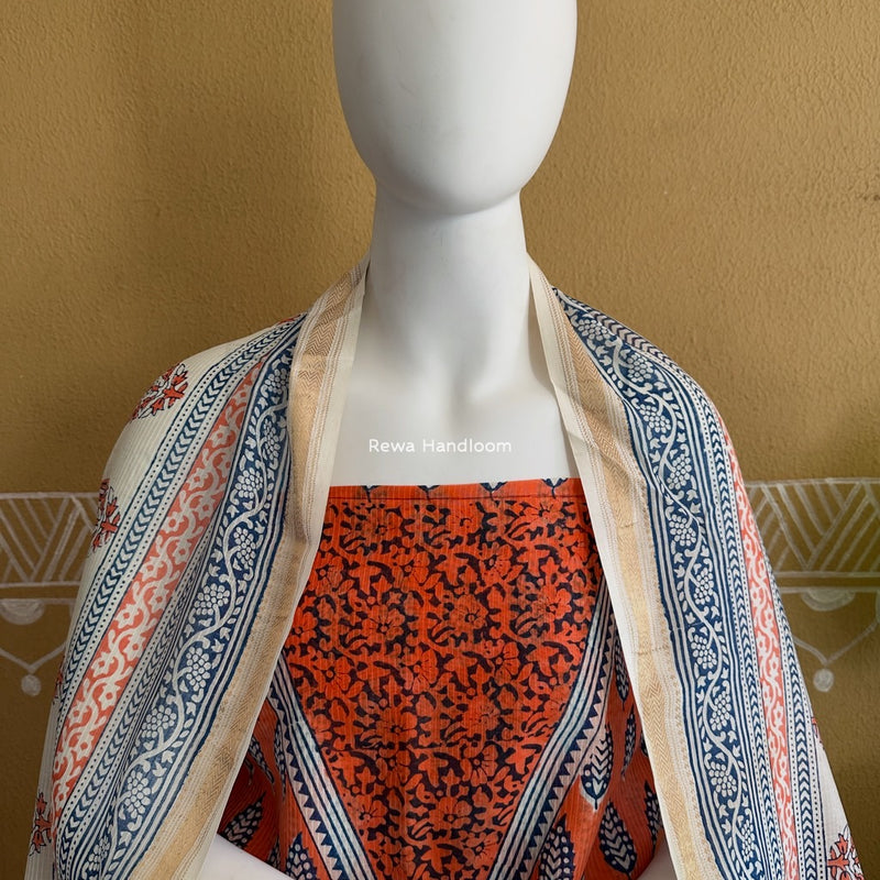Maheshwari Orange-White Bagh Indigo Print Suit MBIS23