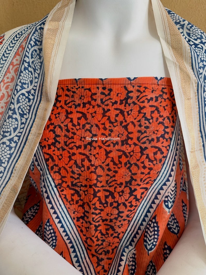 Maheshwari Orange-White Bagh Indigo Print Suit MBIS23