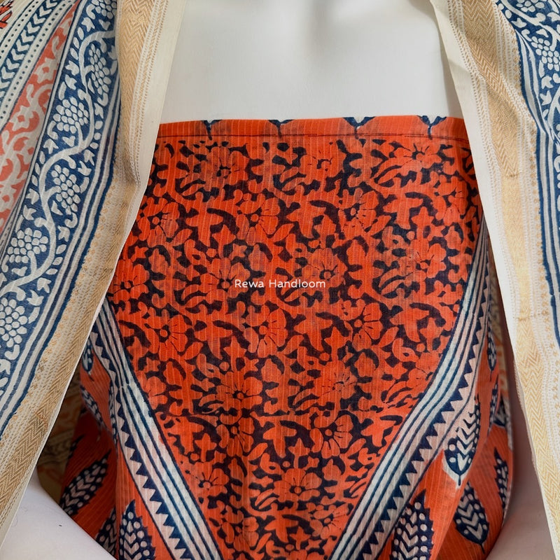 Maheshwari Orange-White Bagh Indigo Print Suit MBIS23