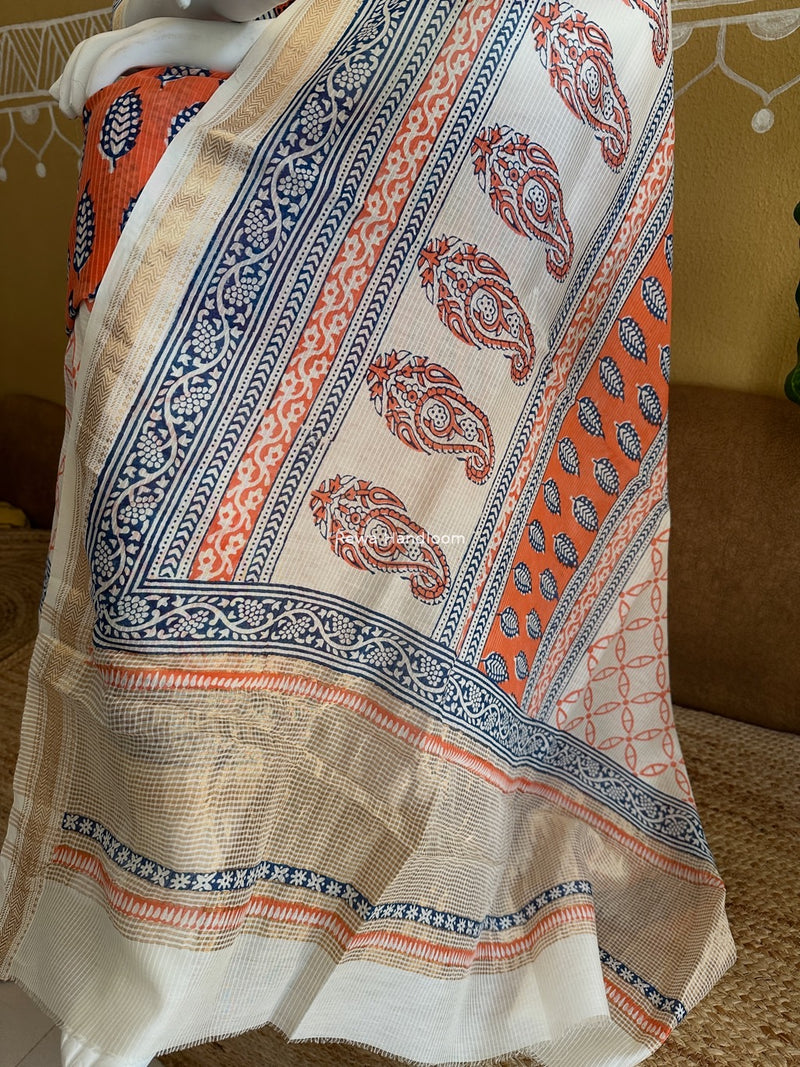 Maheshwari Orange-White Bagh Indigo Print Suit MBIS23