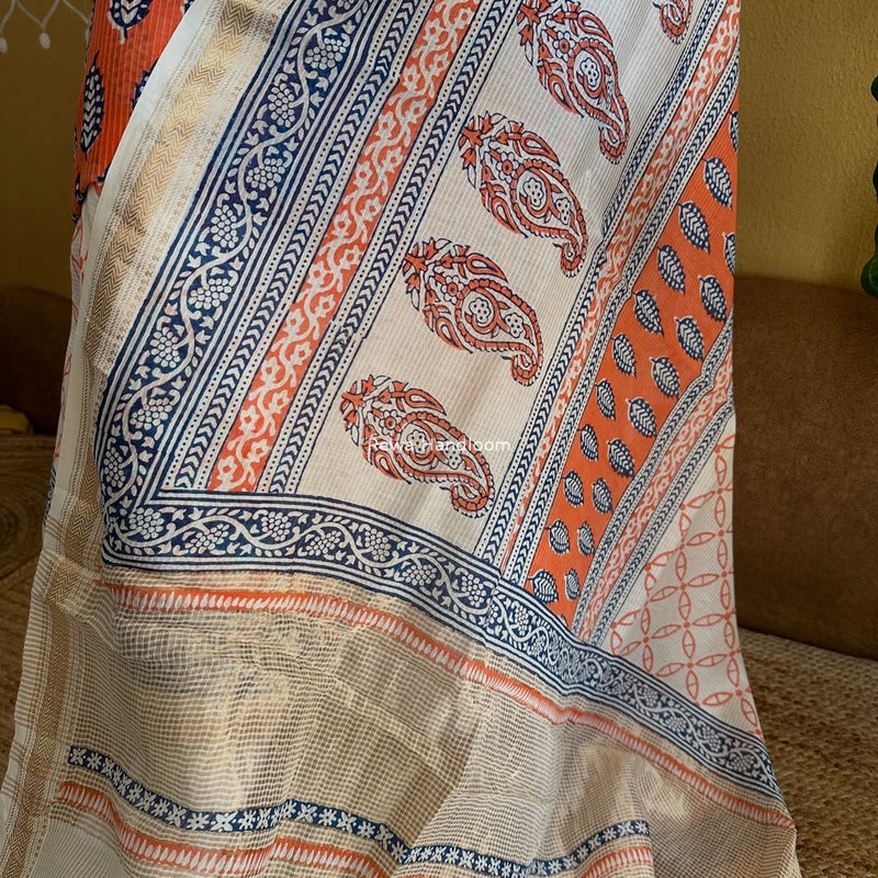 Maheshwari Orange-White Bagh Indigo Print Suit MBIS23