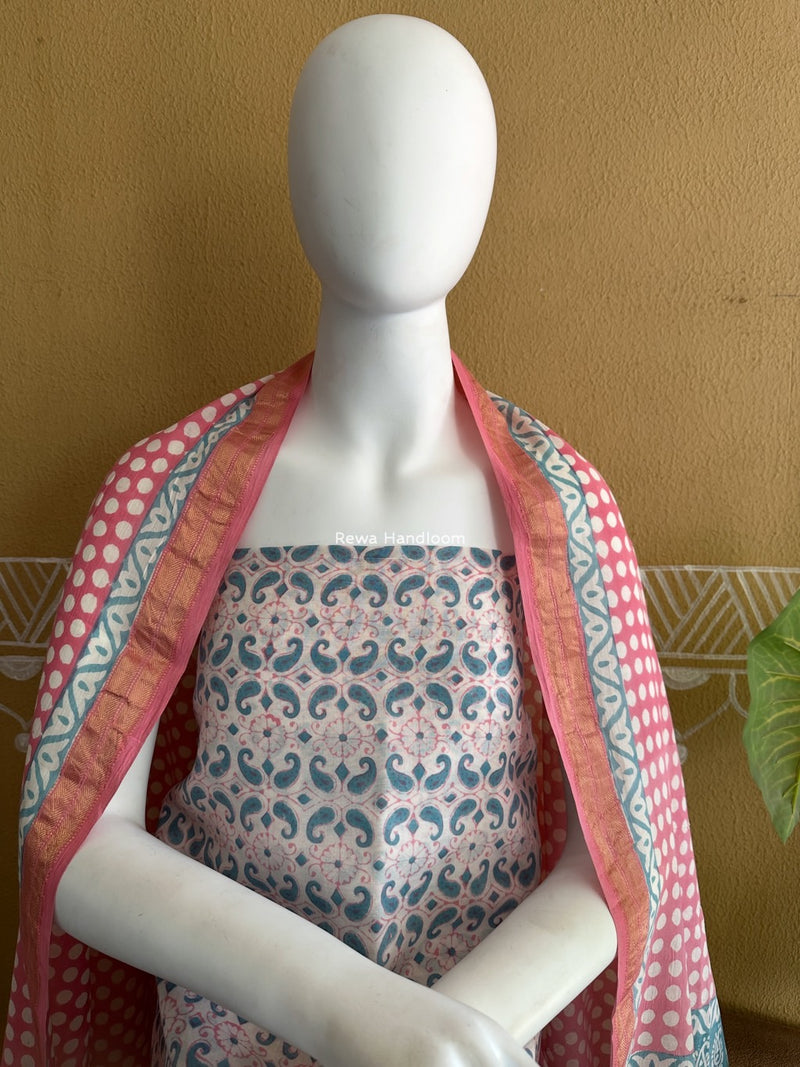Maheshwari Aqua Green-Pink Bagh Indigo Print Suit MBIS25