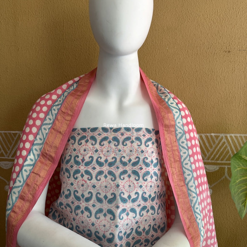 Maheshwari Aqua Green-Pink Bagh Indigo Print Suit MBIS25