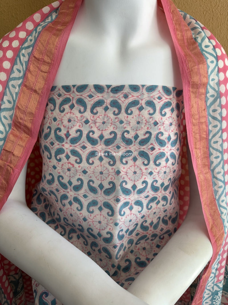 Maheshwari Aqua Green-Pink Bagh Indigo Print Suit MBIS25