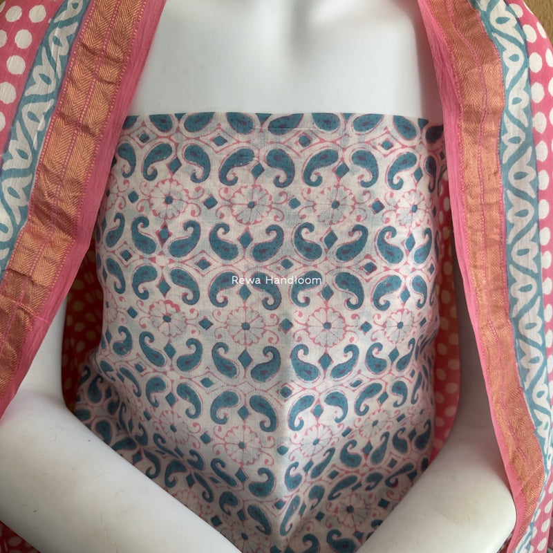 Maheshwari Aqua Green-Pink Bagh Indigo Print Suit MBIS25