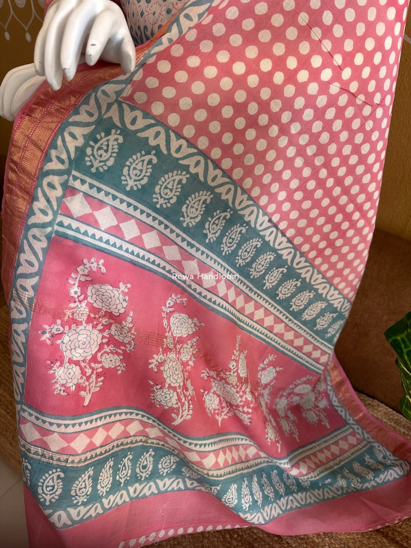 Maheshwari Aqua Green-Pink Bagh Indigo Print Suit MBIS25