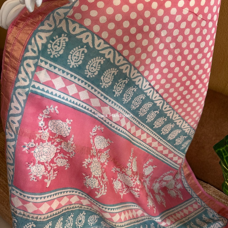 Maheshwari Aqua Green-Pink Bagh Indigo Print Suit MBIS25