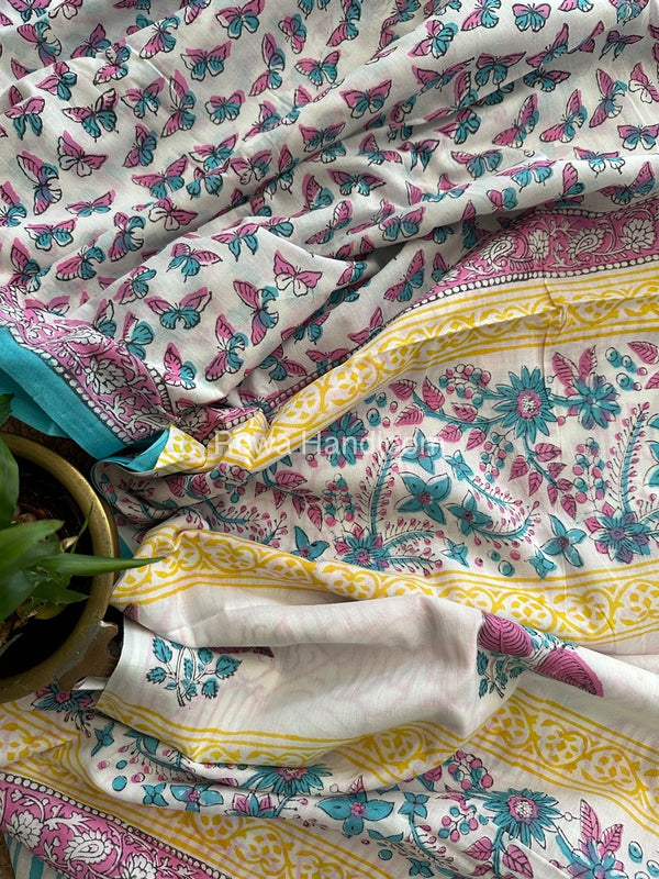 White Cotton Printed Saree CS011