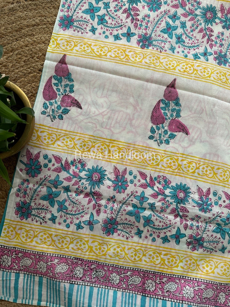 White Cotton Printed Saree CS011