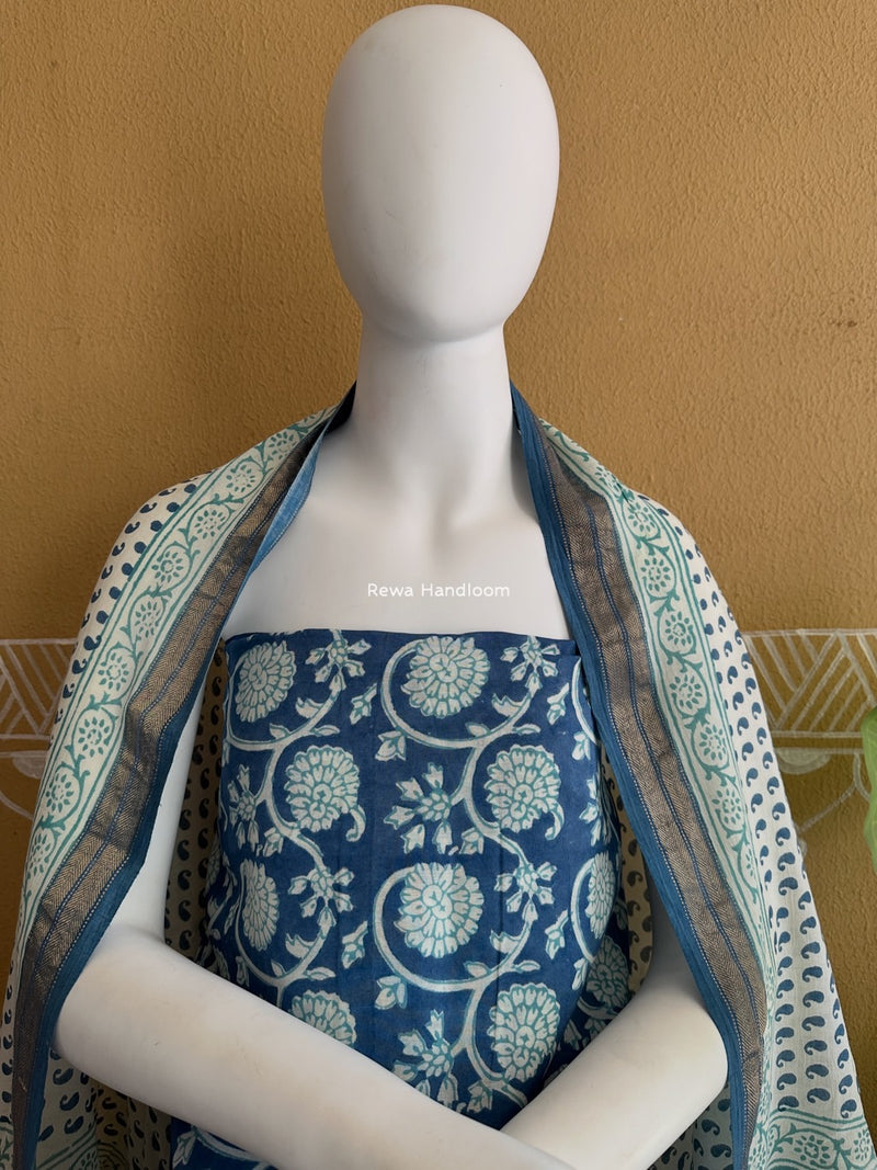 Maheshwari Blue-White Bagh Indigo Print Suit MBIS26